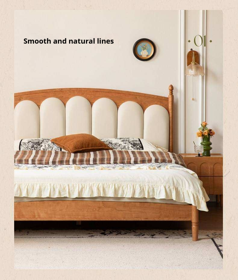 Cherry Solid Wood Genuine Leather, Velvet French-Inspired Scalloped Headboard Bed