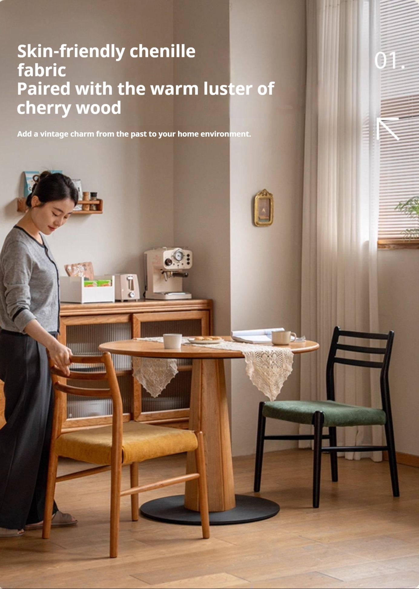 Set 4 pcs Cherry, Ash Solid Wood Artistic Retro Style Dining Chair