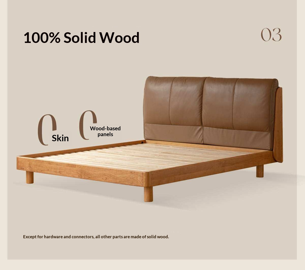 Cherry Solid Wood Bed with Genuine Leather Upholstered Headboard and LED Lighting