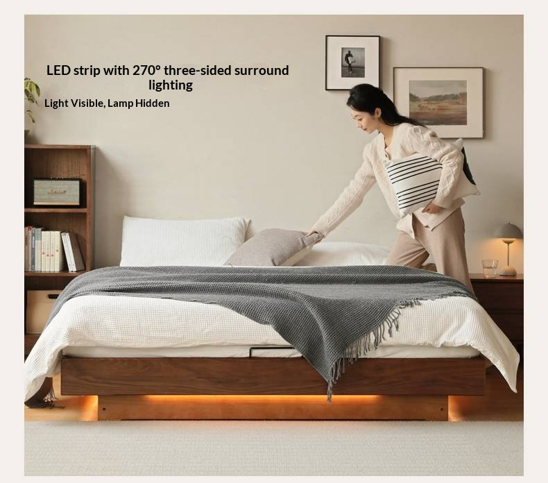 Black Walnut Solid Wood Platform Box Bed, Headboard-Free Bed Night Light Suspended Bed