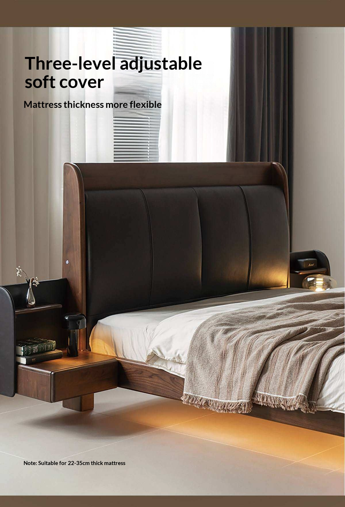 Black Walnut Solid Wood Genuine Leather Curved Leather Bed with Floating Base and LED Lighting