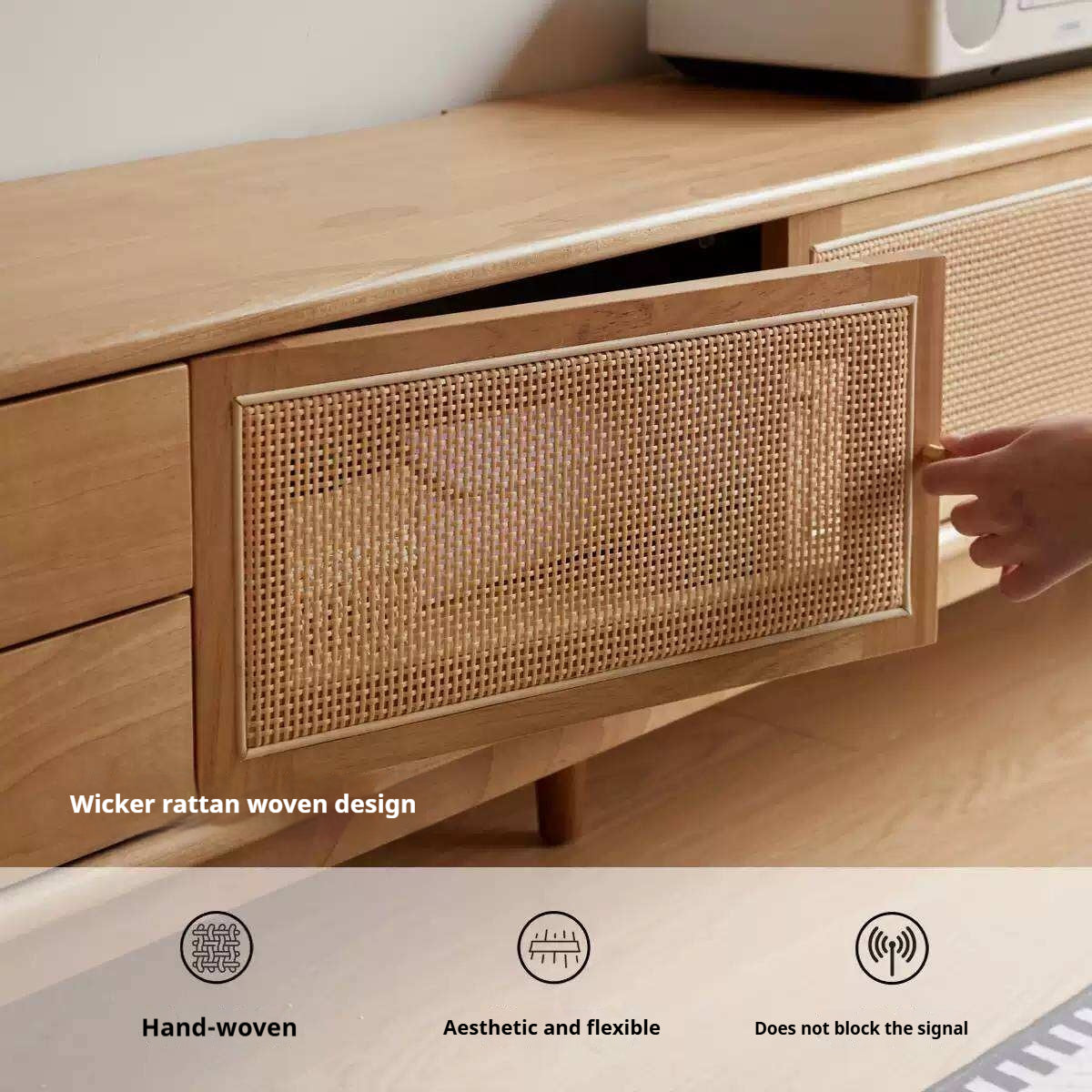 Birch Solid Wood TV Cabinet with Rattan Sliding Doors and Minimalist Storage