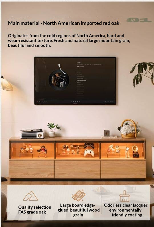 Oak Solid Wood TV Console with Illuminated Glass Display Case and Drawer Storage