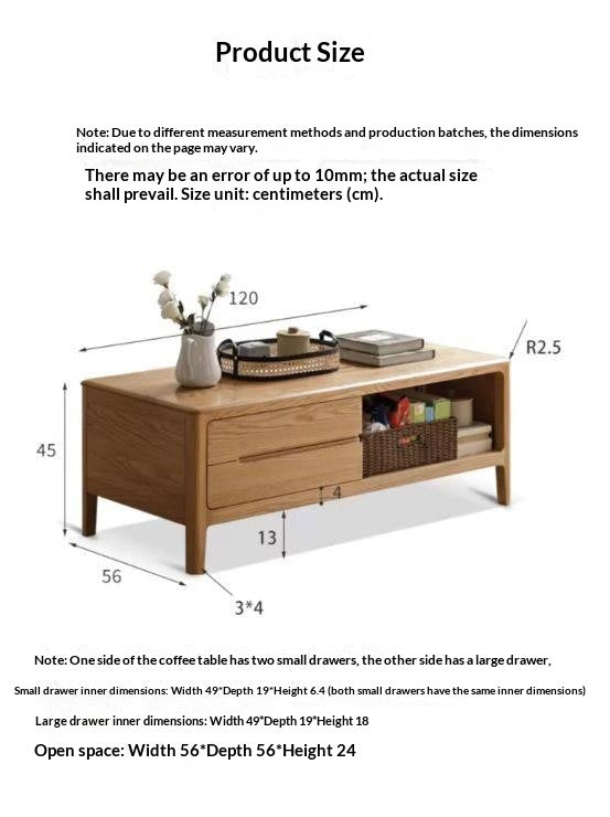 Oak, Solid Rubberwood Coffee Table Three Drawers