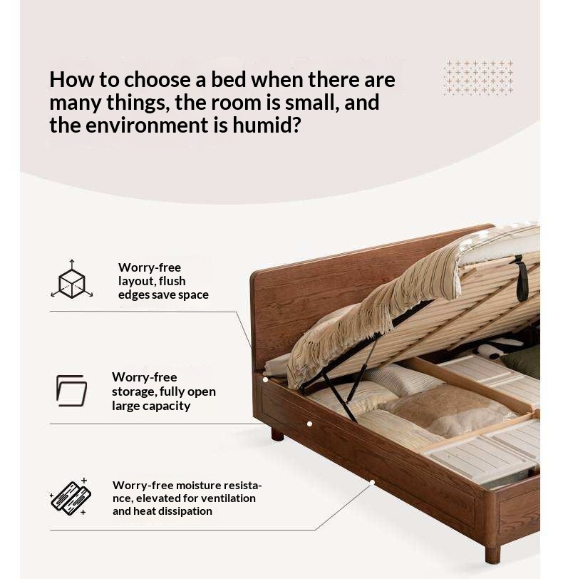 Oak Solid Wood Storage Bed with Gas Lift and Flat Panel Headboard