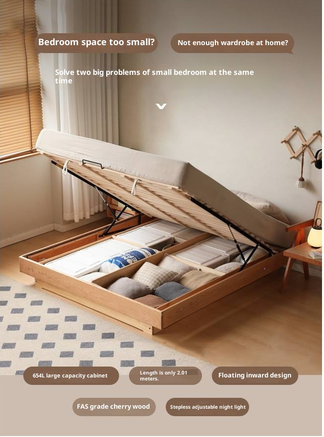 Cherry Solid Wood Floating Platform Box Bed, Headboard-Free Bed