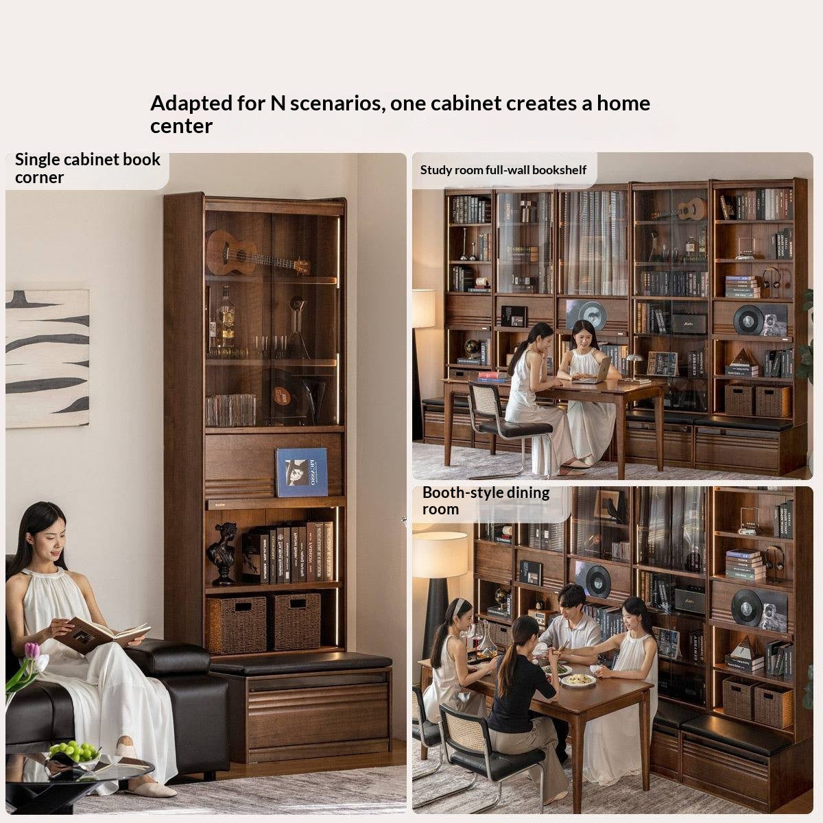 Black Walnut, Ash Solid Wood Combination Bookcase with Floor Display and Luxury Storage