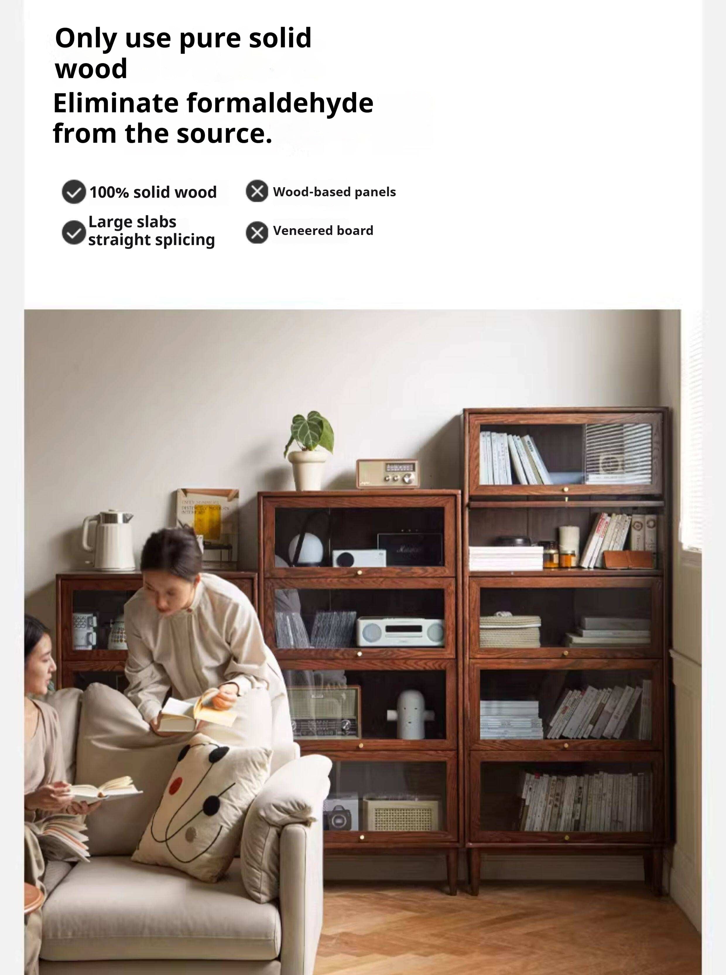 Solid Rubberwood, Black Walnut, Sandalwood, Oak Solid Wood Glass Flip Door Bookcase