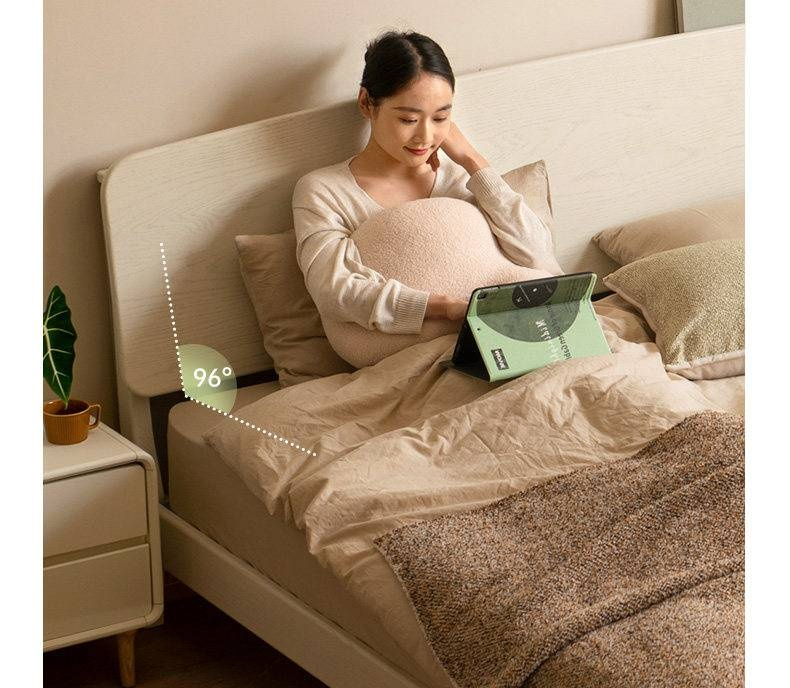 Oak Solid Wood Bed — Cream Style with Slanted Backrest