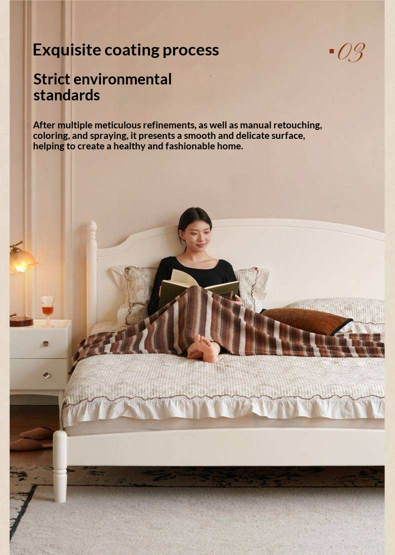 Rubberwood Solid Wood French Style Bed with White Curved Headboard and Elegant Retro Frame