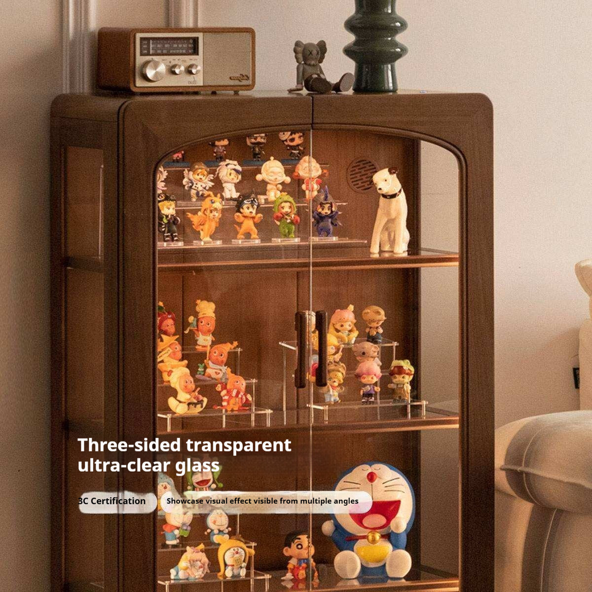 Black Walnut Solid Wood Side Cabinet with LED Lighting and Glass Panels