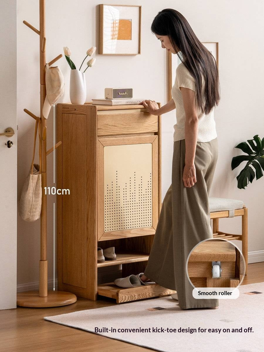 Oak Solid Wood Narrow Shoe Storage Cabinet with Pull-Out Drawer