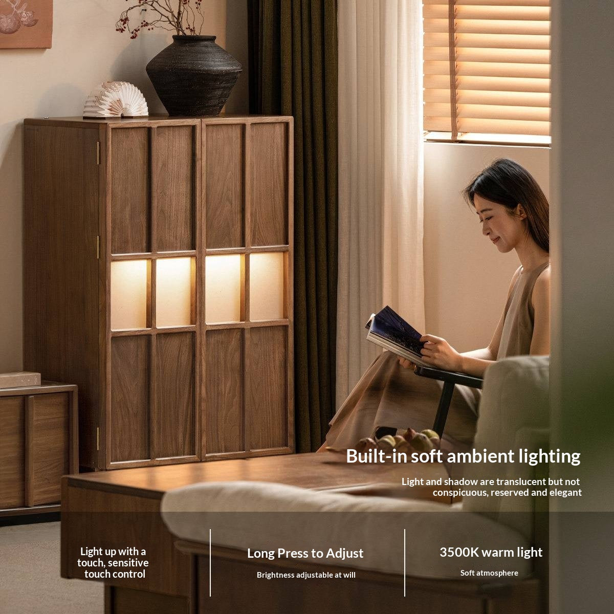 Black Walnut Solid Wood Lattice Door Side Cabinet with LED Lighting