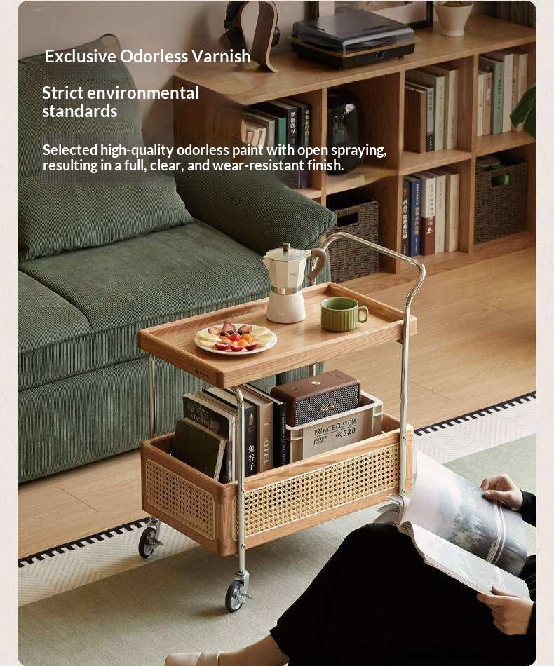 Oak Solid Wood Side Table with Double Layer Storage and Rattan Accents, Mobile