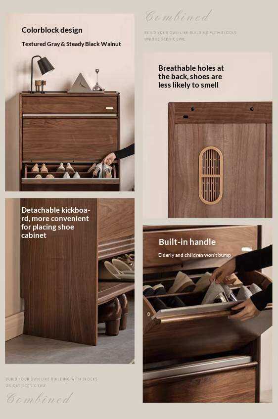 Black Walnut Solid Wood Flip Door Shoe Cabinet, Italian Style Entryway Storage Organizer