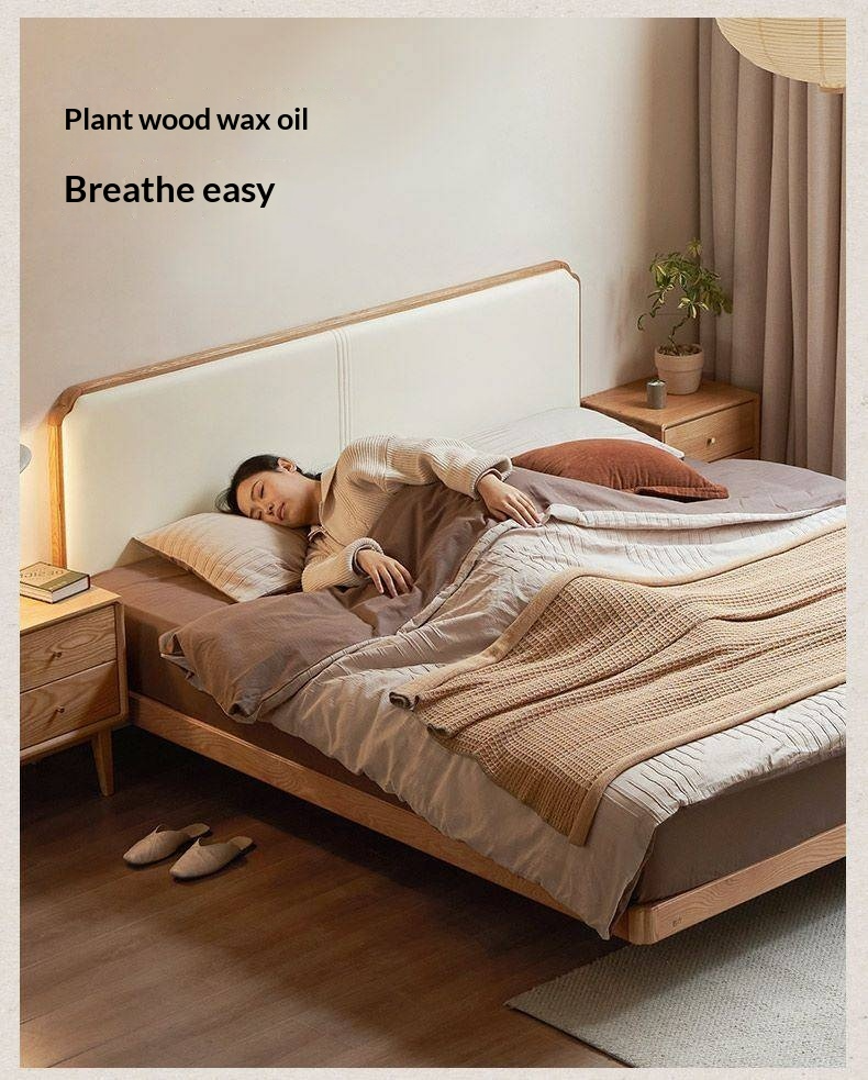 Oak Solid Wood Upholstered Bed — Modern Minimalist Design with Flush Edges