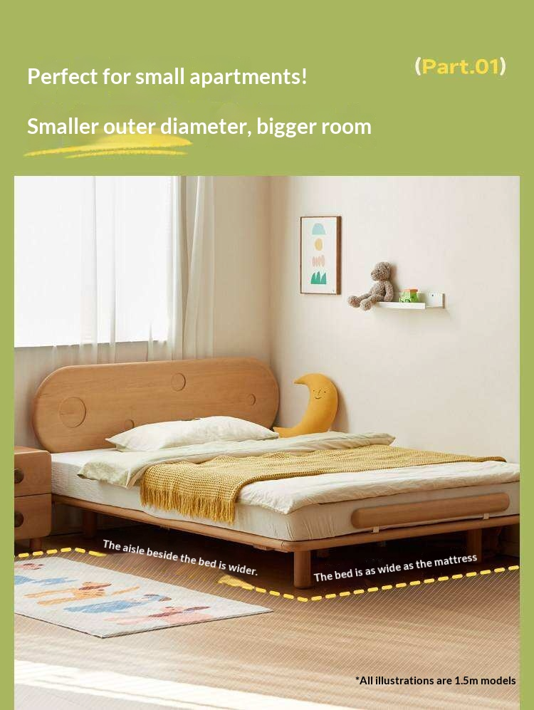 Beech Solid Wood Kids Floating Bed with Night Light and Optional Guardrails