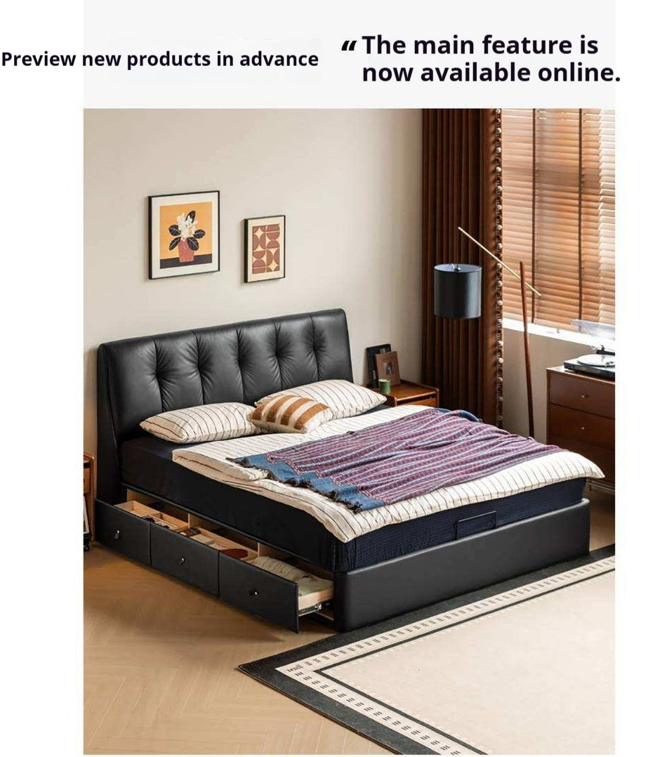 Genuine Leather Storage Bed with Tufted Headboard and Drawers