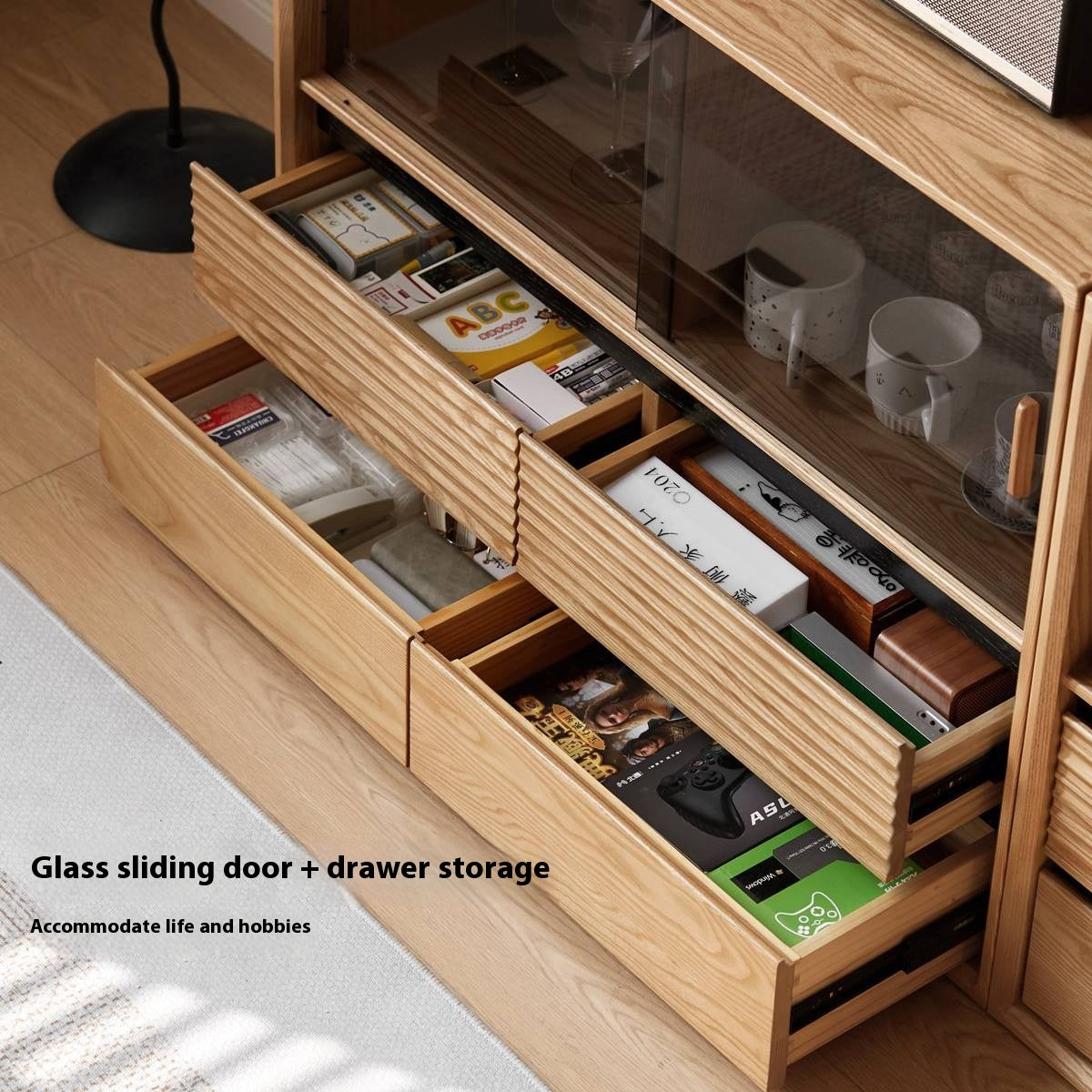 Ash Solid Wood Glass Storage Cabinet