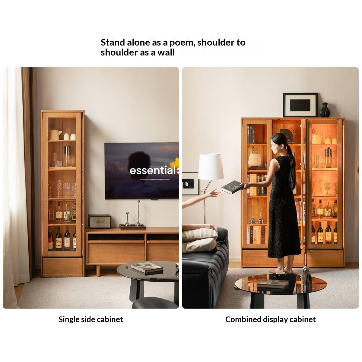 Cherry Solid Wood Bookcase with Glass Display Cabinets