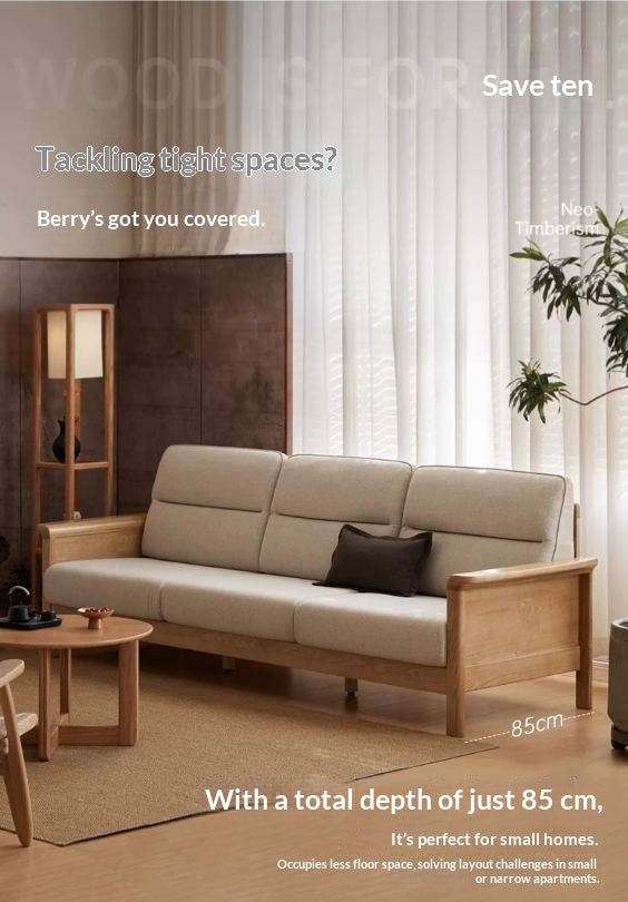 Ash Solid Wood Exposed Wood Frame Sofa with Slat Back Panel