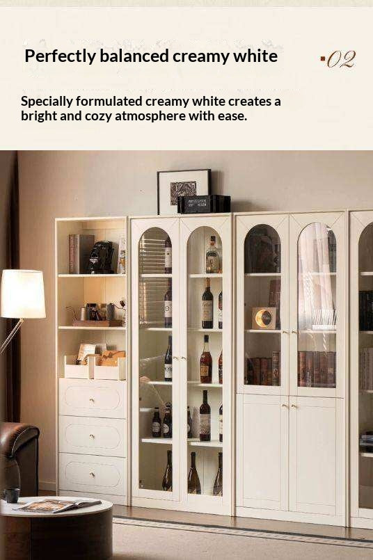 Solid RubberWood Bookcase White With Glass Door French Cream Style