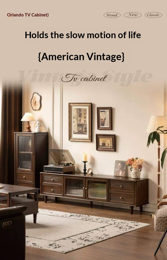 Ash Solid Wood Vintage TV Console with Fluted Glass Doors
