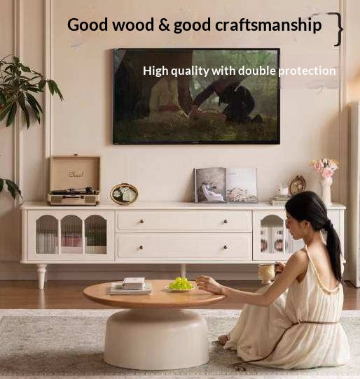 Solid Rubberwood TV Cabinet French Cream Style and Integrated Storage