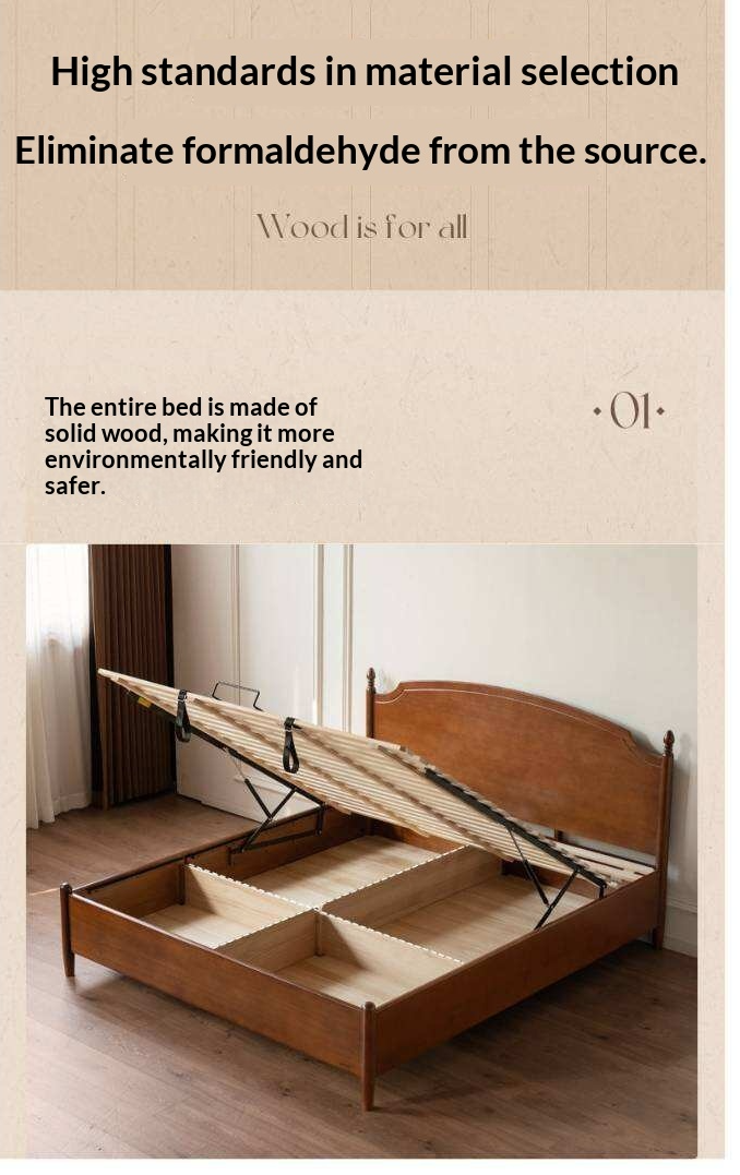 Poplar Solid Wood French Country Arched Panel Bed with Storage Base Box Bed