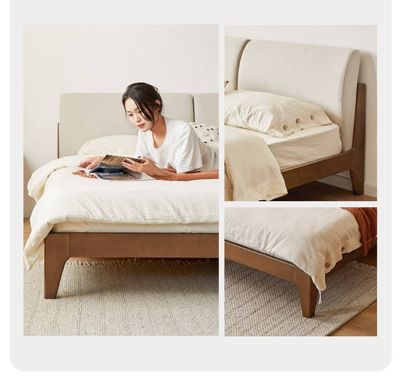 Beech Solid Wood Bed — Nordic Style, Modern Minimalist Design