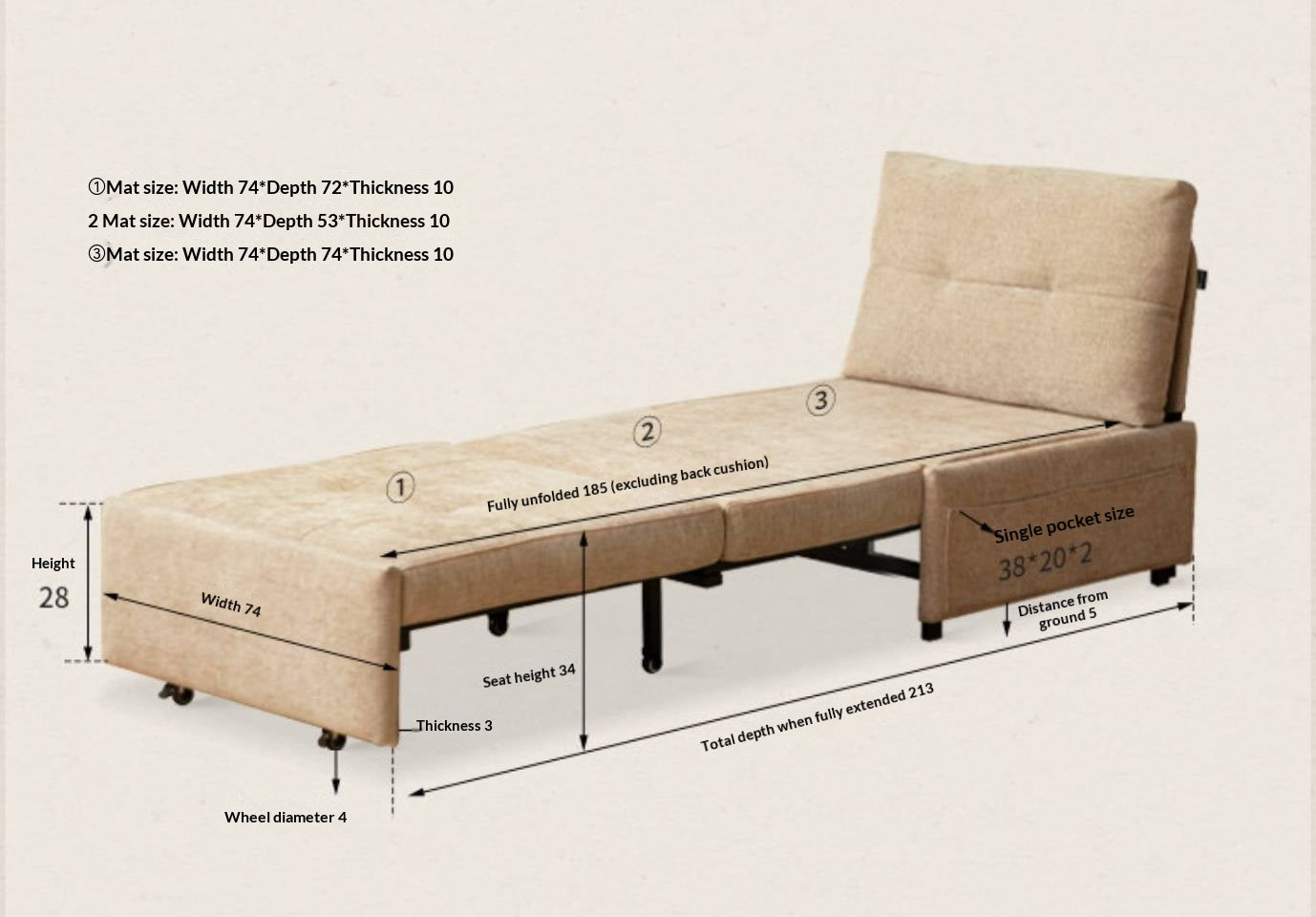 Fabric Convertible Sleeper Chair with Side Storage Pocket