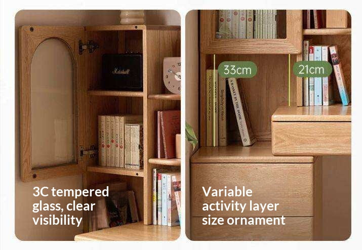 Oak Solid Wood Corner Office Desk with Integrated Bookshelf