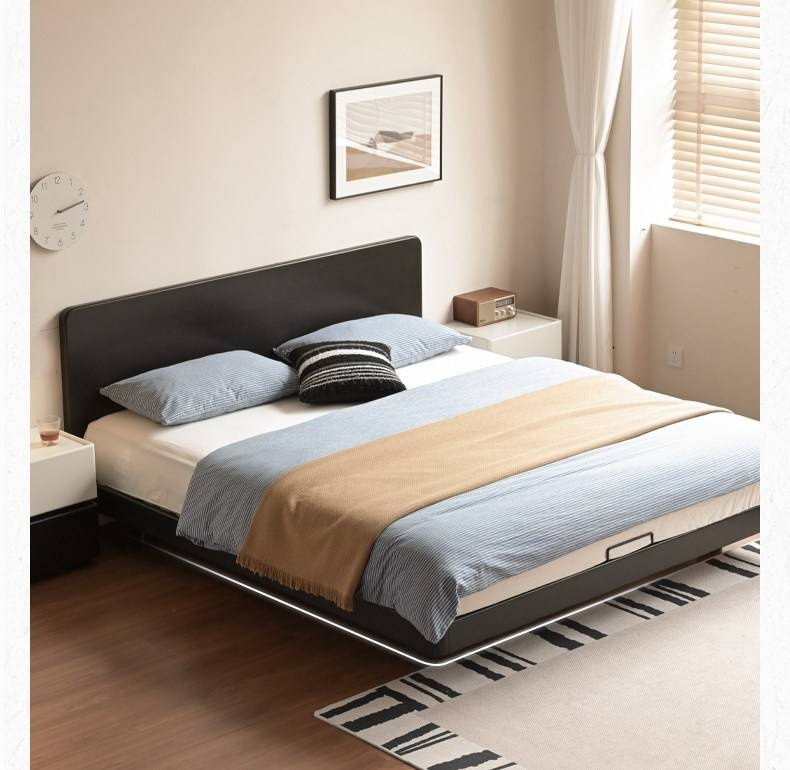 Rubberwood Solid Wood Bed — Modern Minimalist Large Slab Black Floating Bed