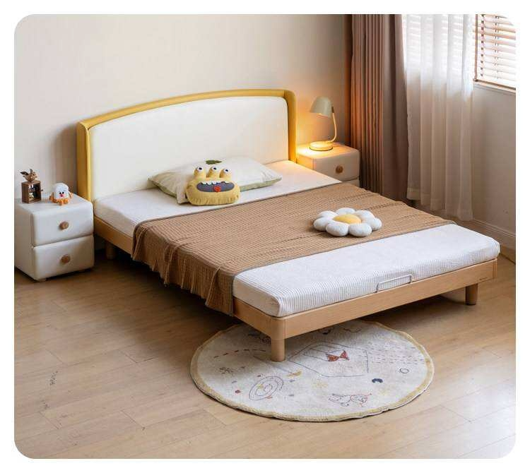 Beech Solid Wood Kids Upholstered Low Platform Bed with Curved Headboard