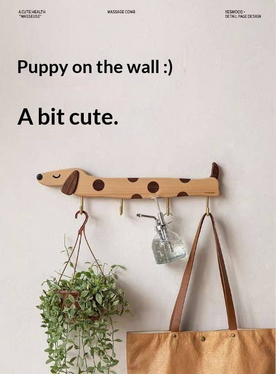Beech, Black Walnut Solid Wood Puppy-Shaped Wall Hook with Cute Cartoon Design