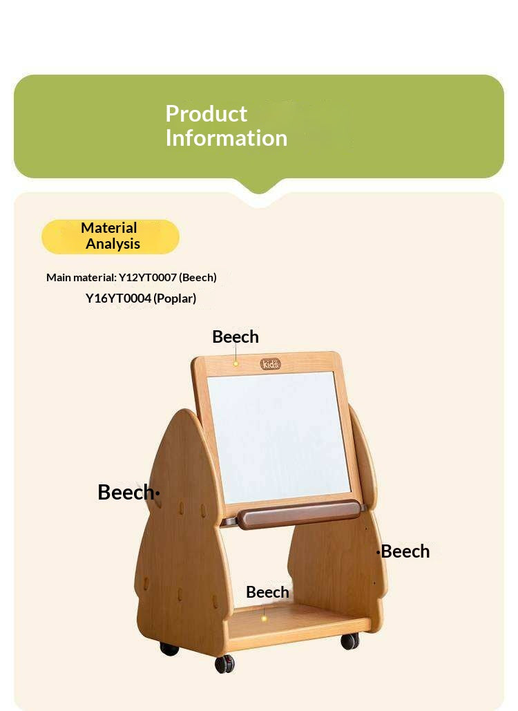 Beech, Poplar Solid Wood Movable Kids Bookshelf with Wheels, Multifunctional Storage