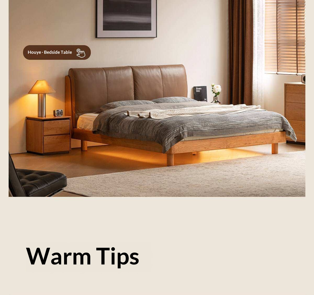 Cherry Solid Wood Bed with Genuine Leather Upholstered Headboard and LED Lighting