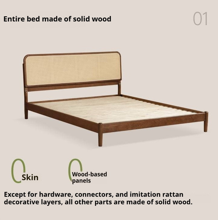 Oak Solid Wood Rattan Bed