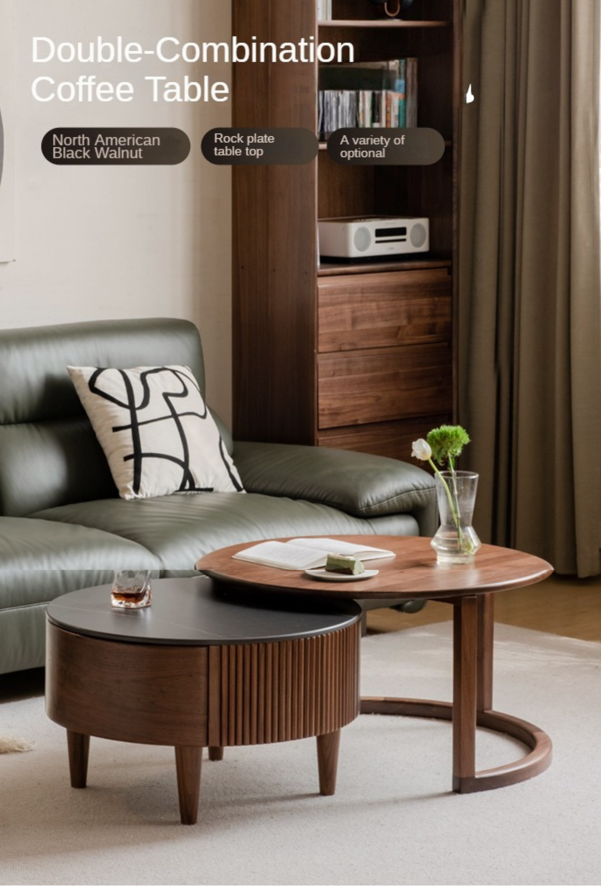 Black Walnut, White Ash Solid Wood Combination Rock Plate Coffee Table