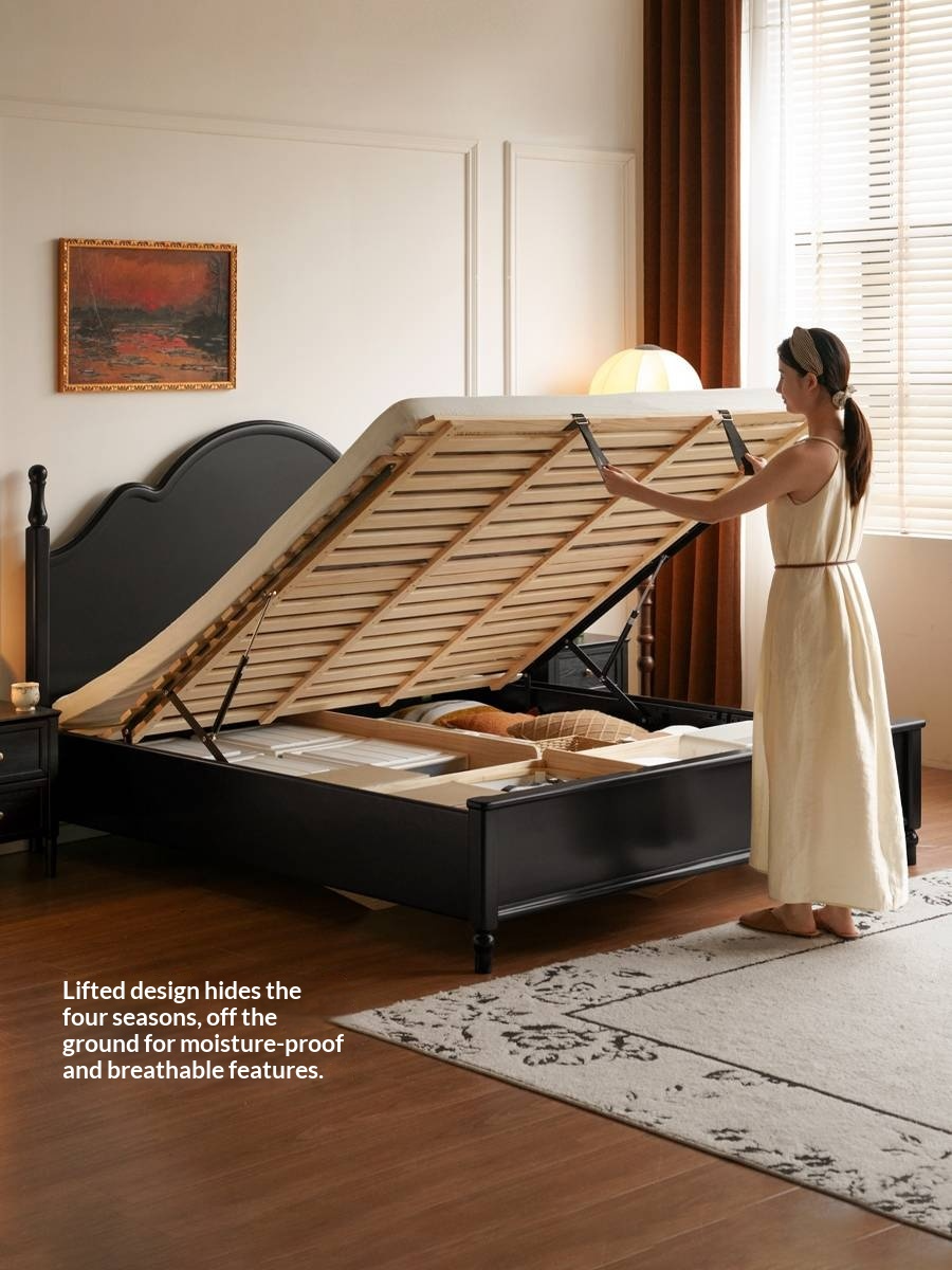 Rubberwood Solid Wood Bed American Retro Black Style