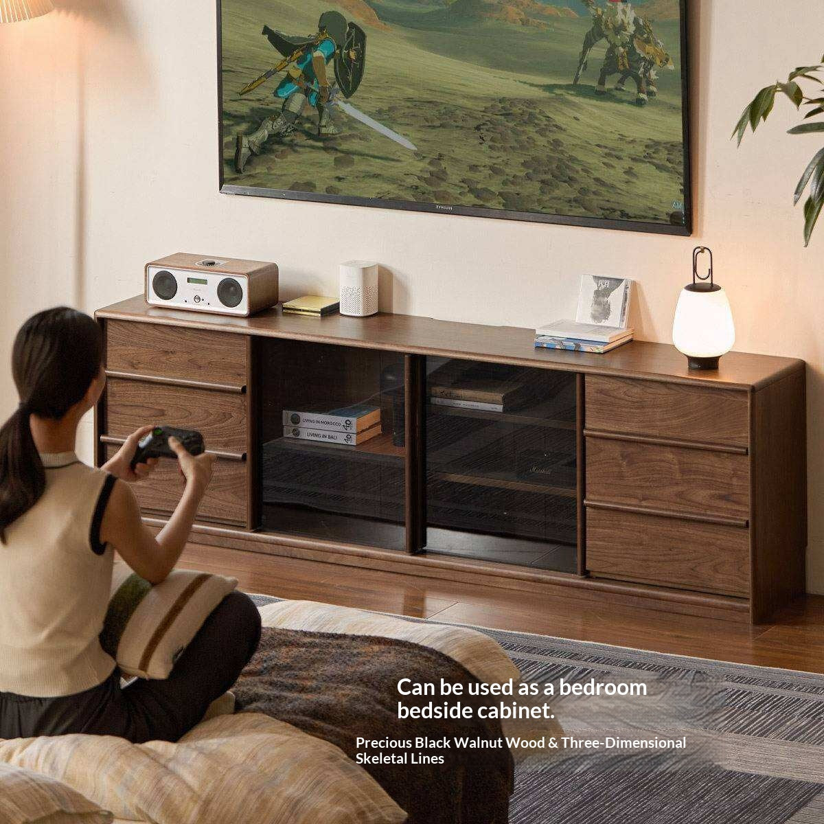 Black Walnut Solid Wood TV Cabinet with Large Storage