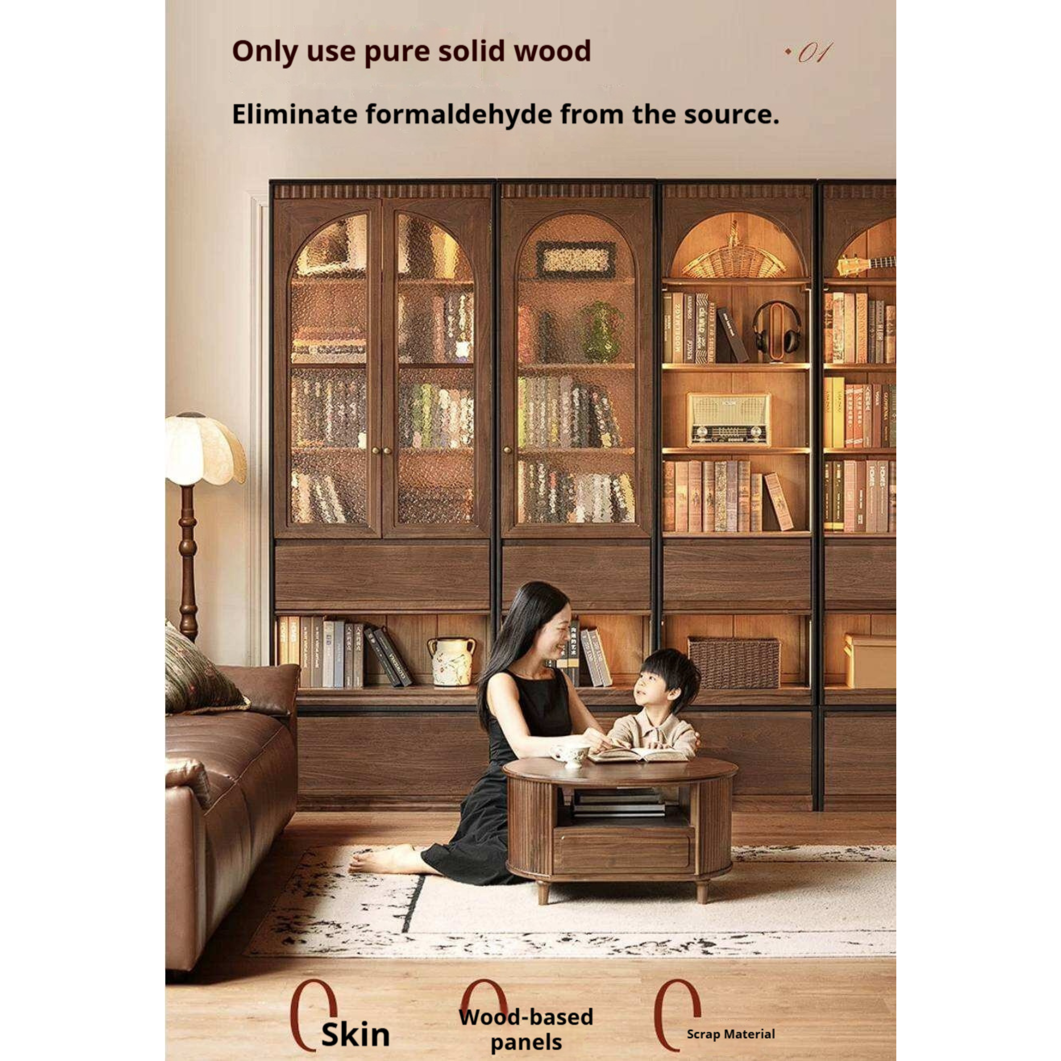 Black Walnut Solid Wood Bookcase with French Retro Display Cabinet
