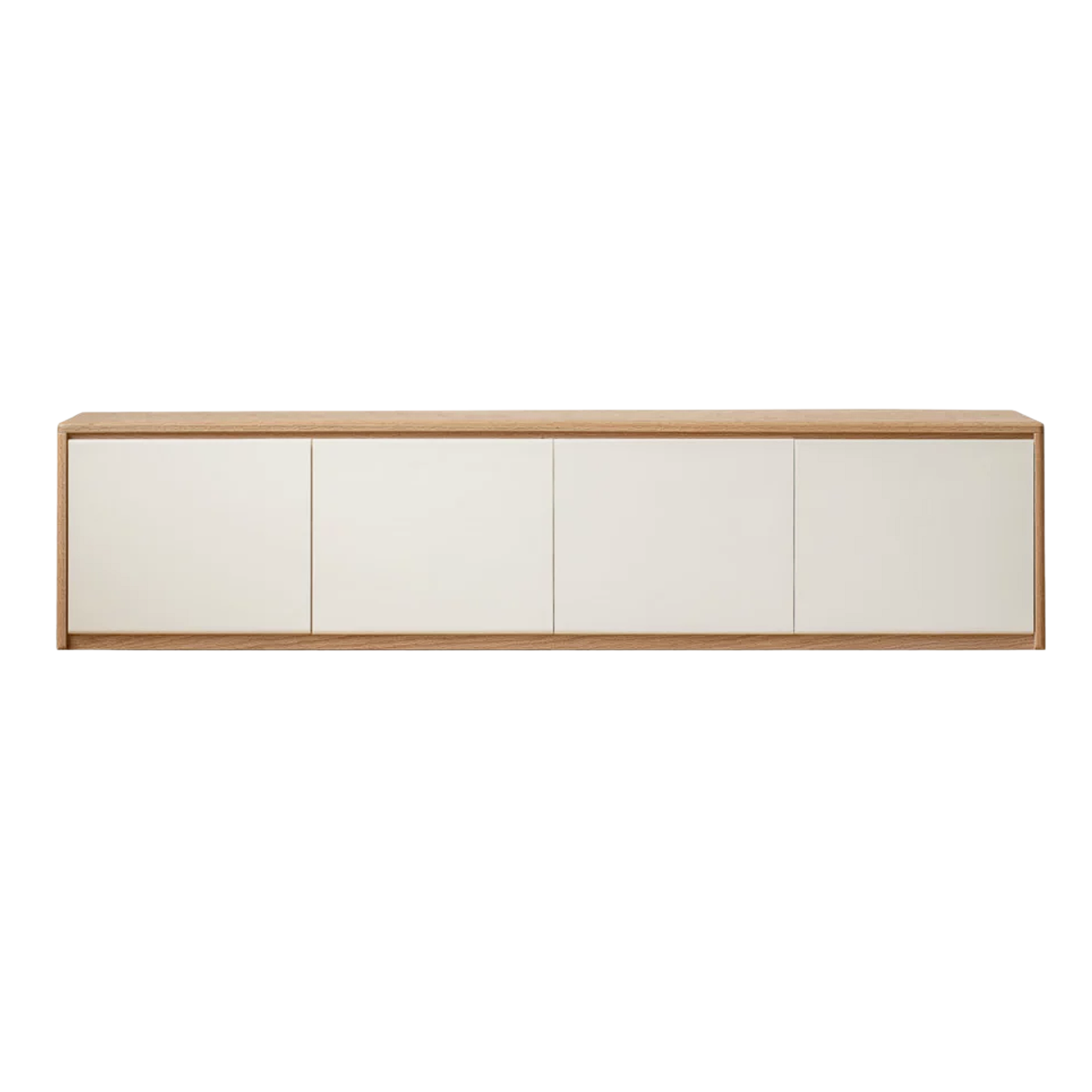 Oak, Rubberwood Solid Wood TV Console with White Cabinet Doors, Floor-Level Design