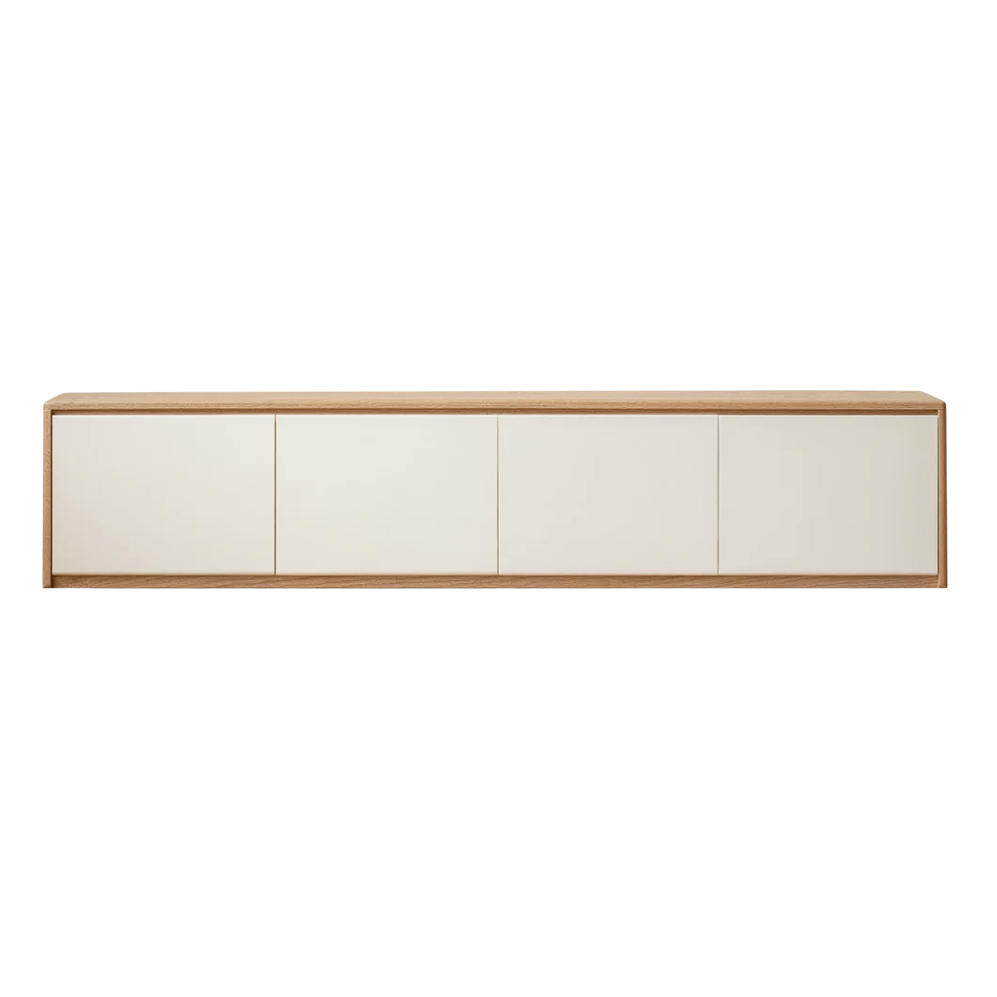 Oak, Rubberwood Solid Wood TV Console with White Cabinet Doors, Floor-Level Design