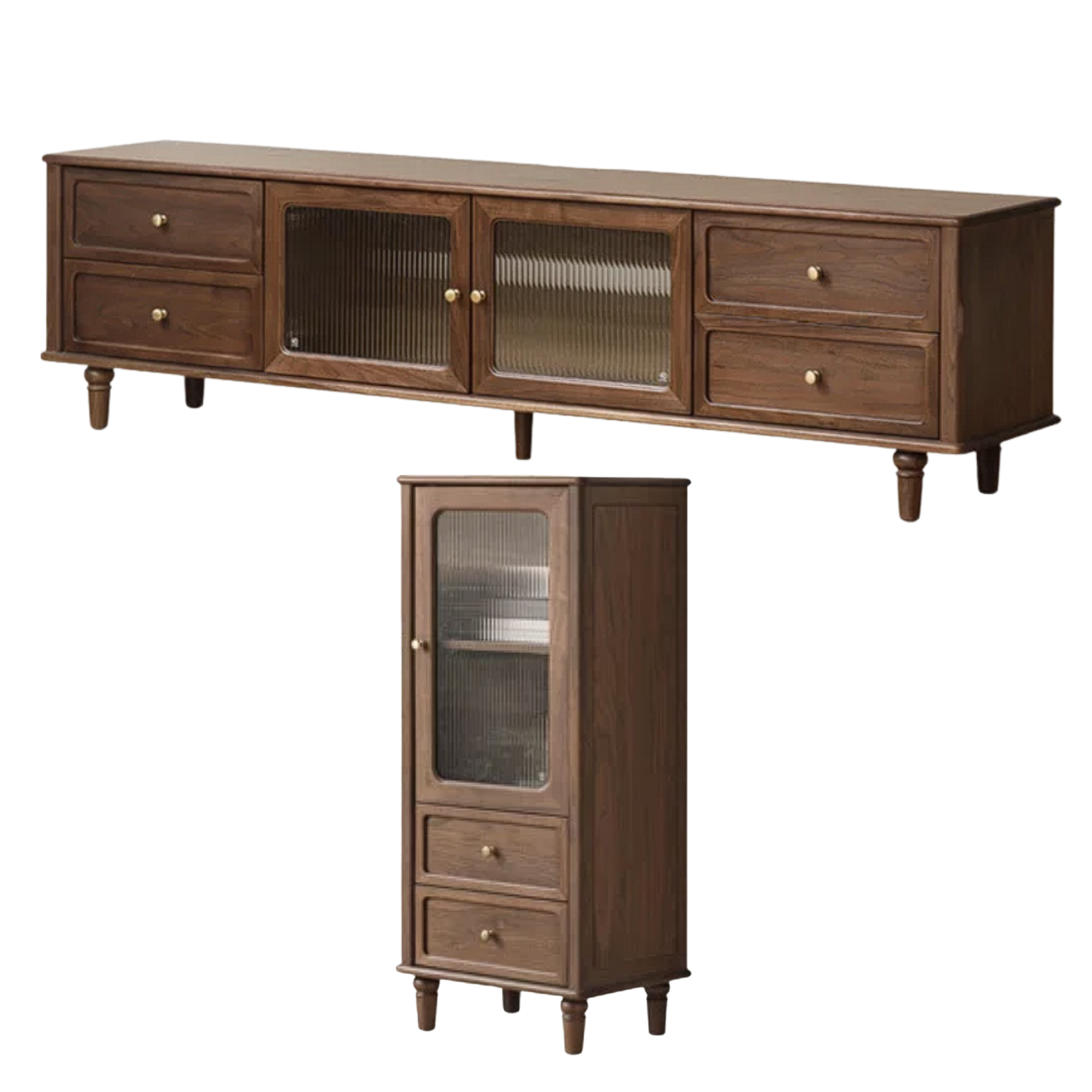 Black Walnut Solid Wood Traditional TV Console with Fluted Glass Doors and Brass Knobs