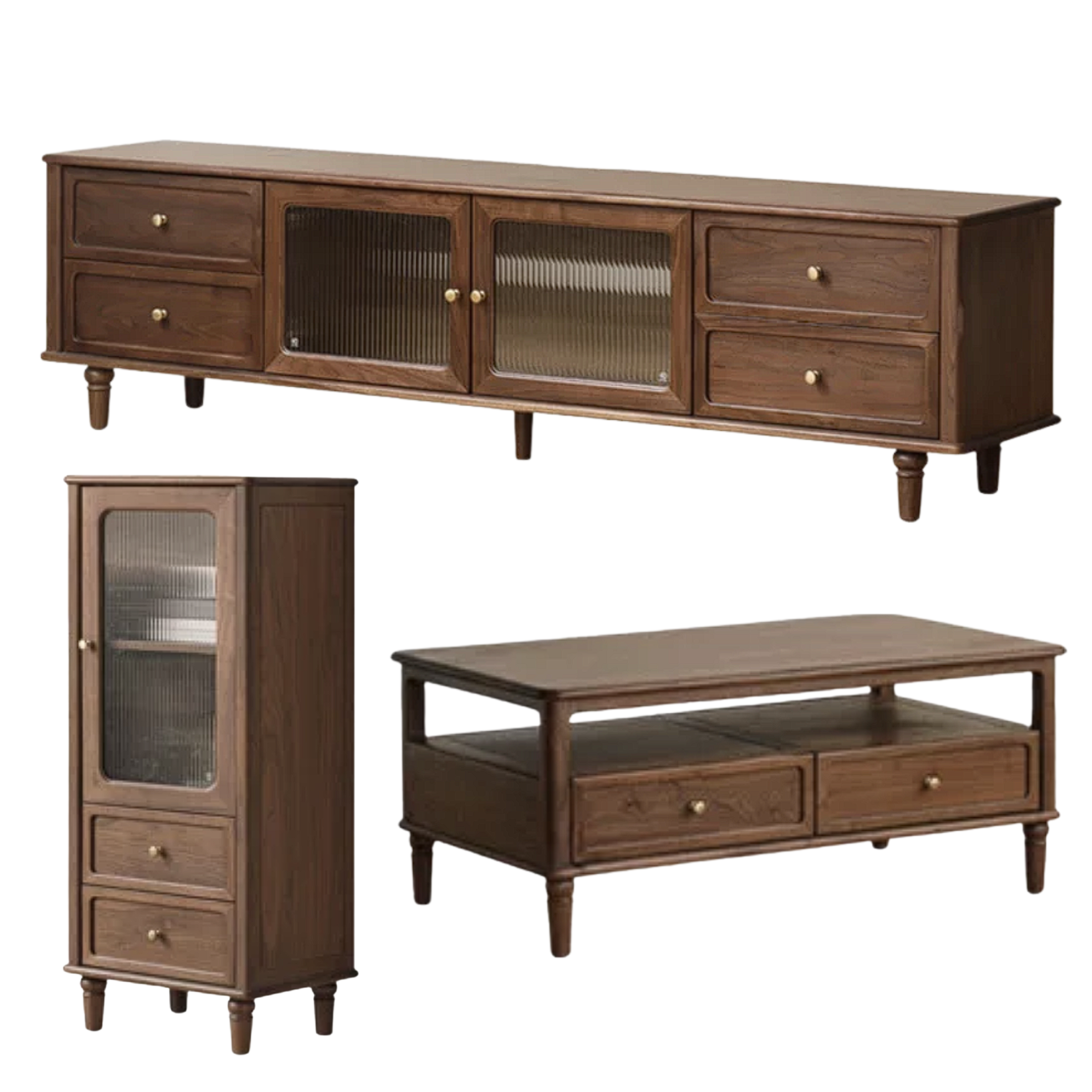 Black Walnut Solid Wood Traditional TV Console with Fluted Glass Doors and Brass Knobs