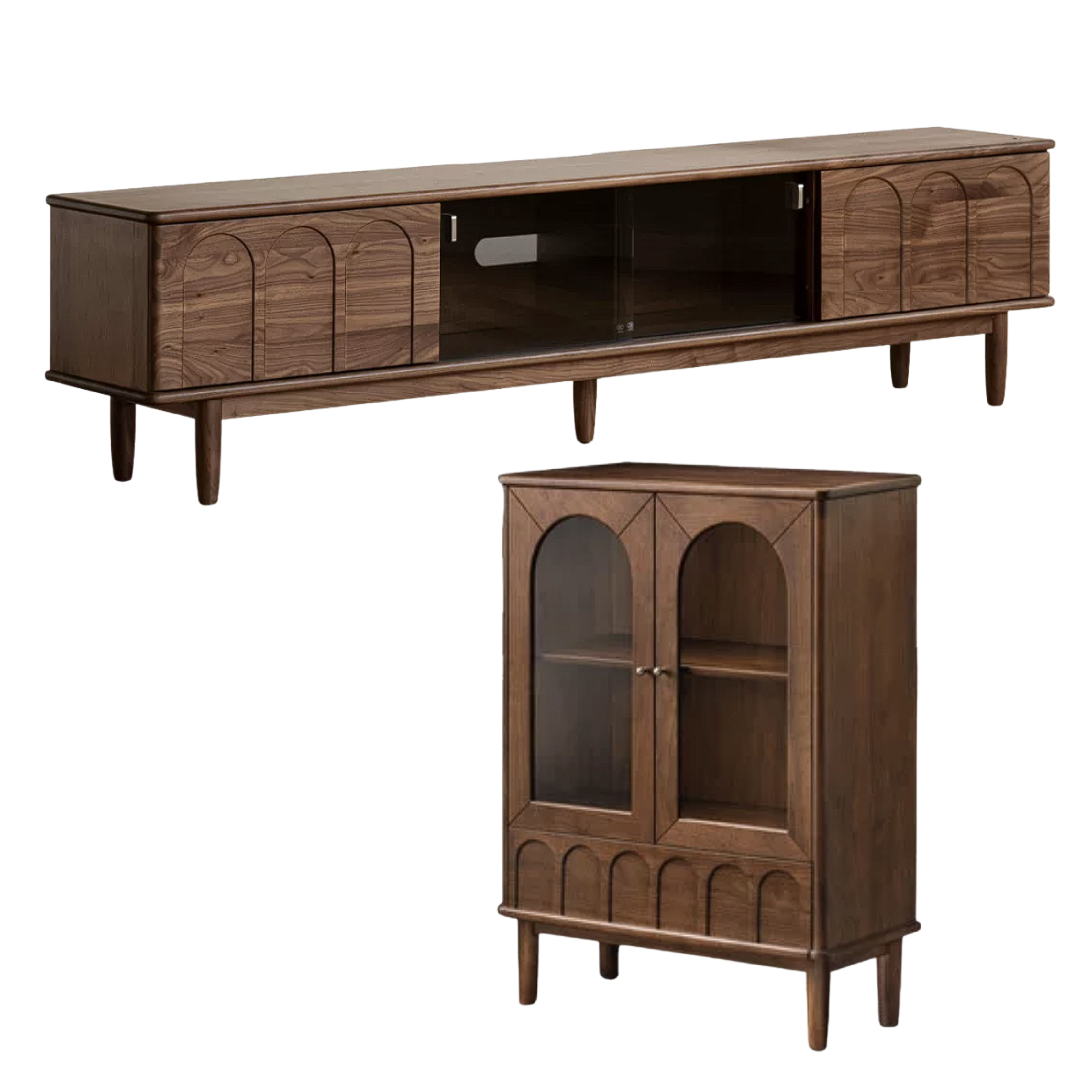 Black Walnut Solid Wood TV Stand with Arched Fluted Door Panels, Tapered Legs