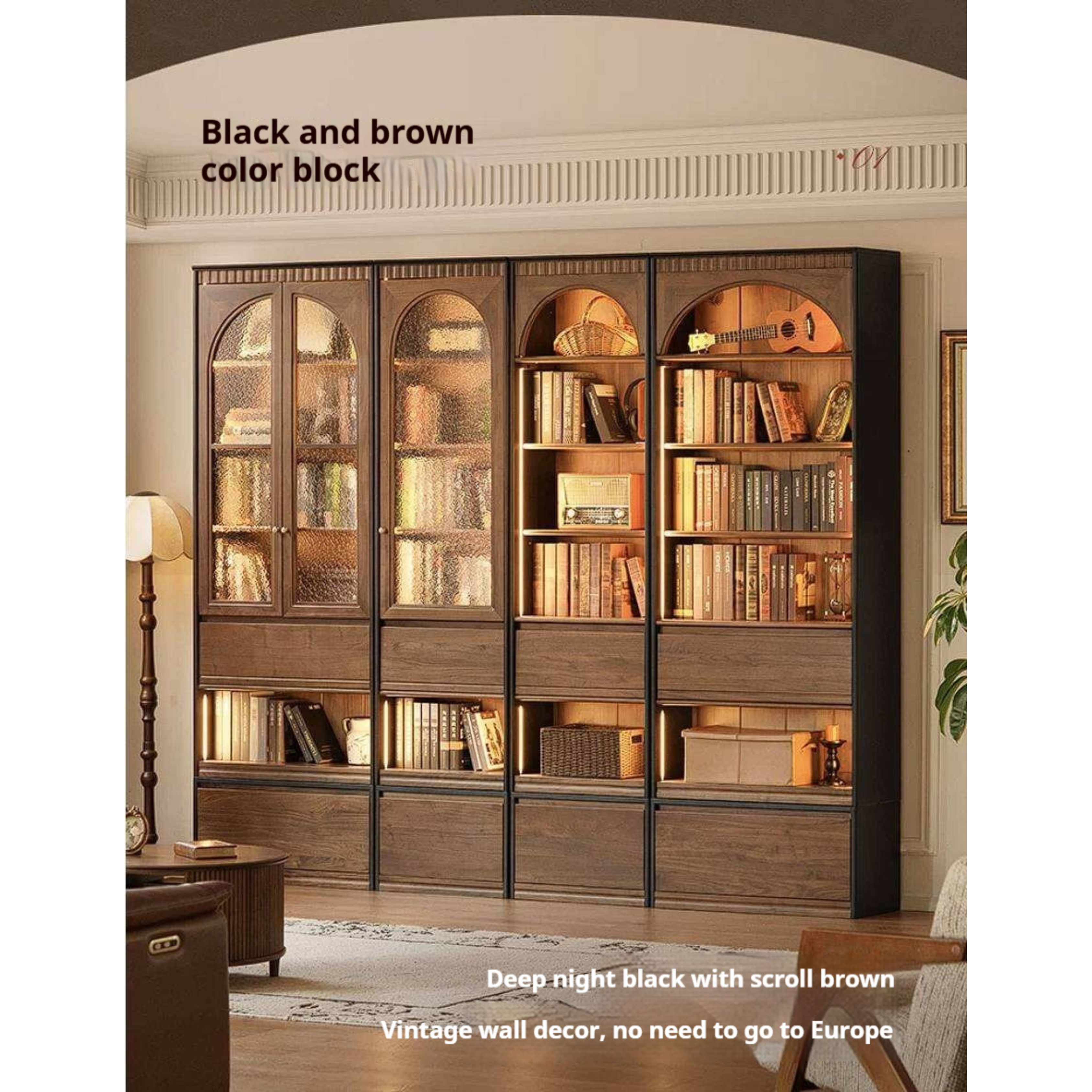 Black Walnut Solid Wood Bookcase with French Retro Display Cabinet