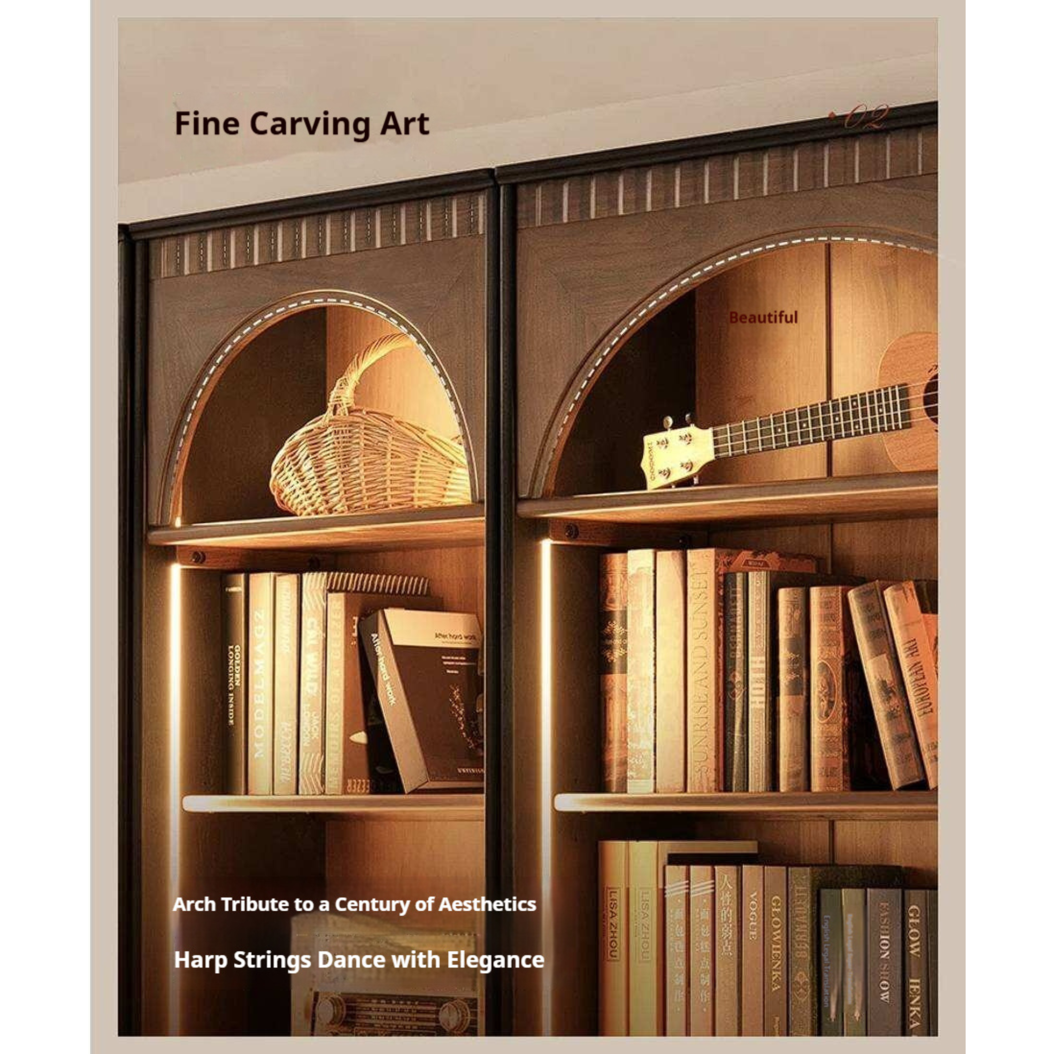 Black Walnut Solid Wood Bookcase with French Retro Display Cabinet
