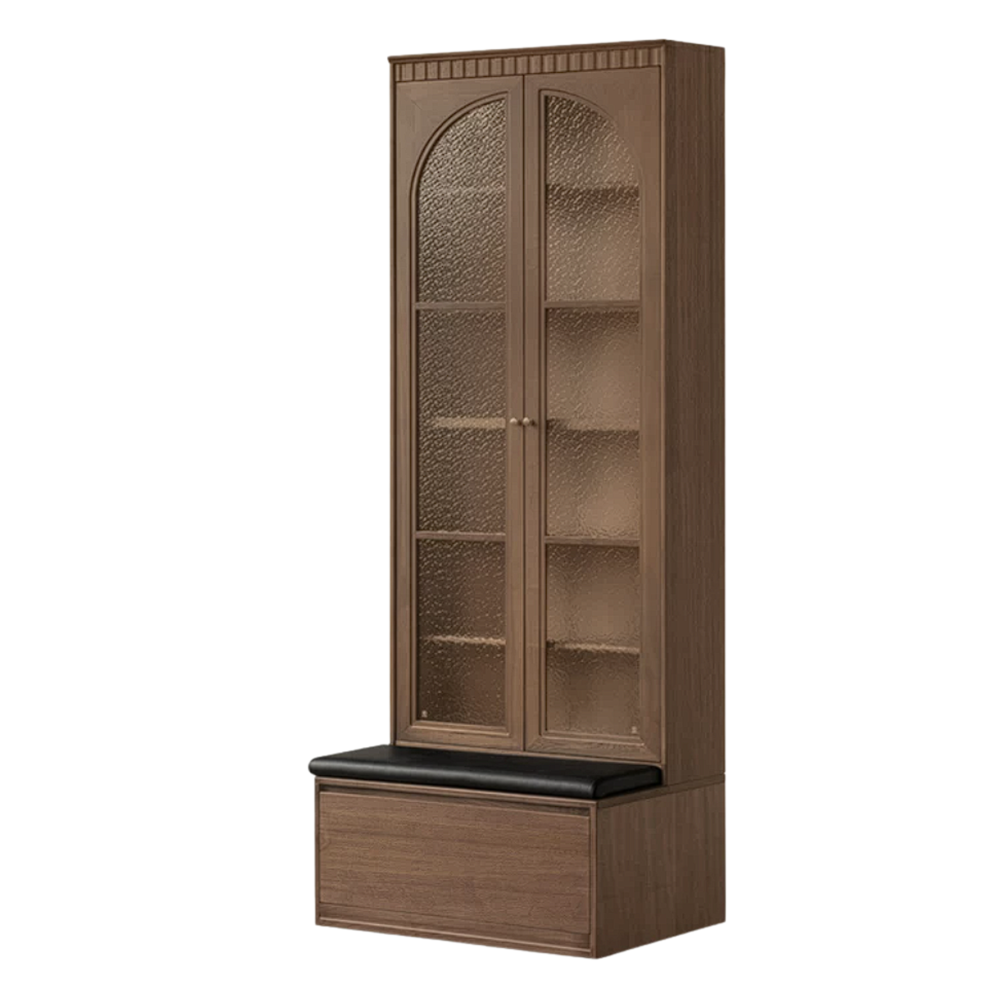 Black Walnut, Sandalwood Solid Wood Library Wall Unit with Arched Glass Doors